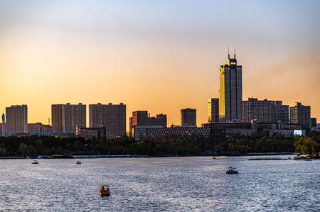 Sunset landscape of Nanhu Park in Changchun, Chinaのeditorial素材