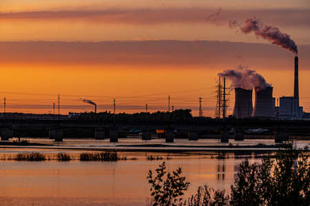 Thermal power plant under the setting sunのeditorial素材