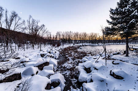 Scenery of Jingyuetan National Forest Park in Changchun, China after snowの写真素材