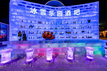 Night view of Ice and Snow Park in Changchun World Sculpture Park, China