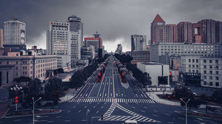 Landscape of Renmin Street in Changchun, China before dawnのeditorial素材