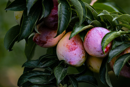 plums growing on branchの写真素材