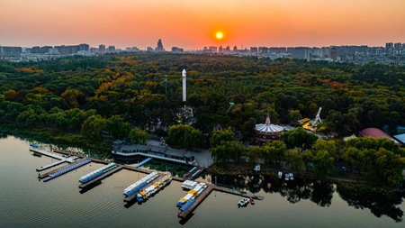 Scenery of Nanhu Park in Changchun, China under the setting sunの写真素材