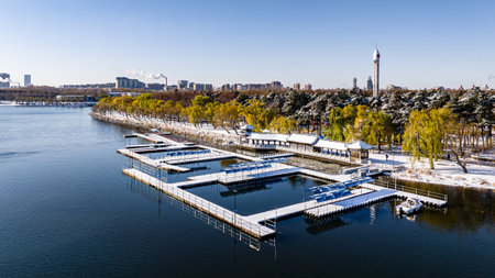 Landscape of the slipway of Nanhu Park in Changchun, China after snowの写真素材