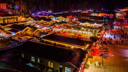 Night landscape after snow in China's snow townのeditorial素材