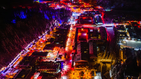 Night landscape after snow in China's snow townのeditorial素材