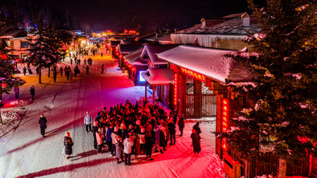 Street scene at night after snow in China's snow townのeditorial素材