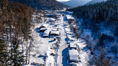 Scenery after snow at Yangcao Mountain Scenic Area in China's snow townの写真素材