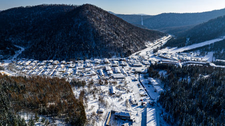 Scenery after snow at Yangcao Mountain Scenic Area in China's snow townの写真素材