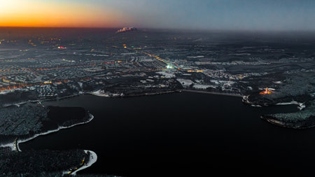Winter night scene in Jingyuetan National Forest Park, Changchun, Chinaの写真素材