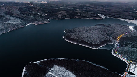 Winter night scene in Jingyuetan National Forest Park, Changchun, Chinaの写真素材