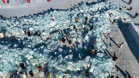 January 9, 2024, Changchun, China: the Jingyuetan Snow World Blue Ice check-in area became a popular spot for tourists to take photos.のeditorial素材