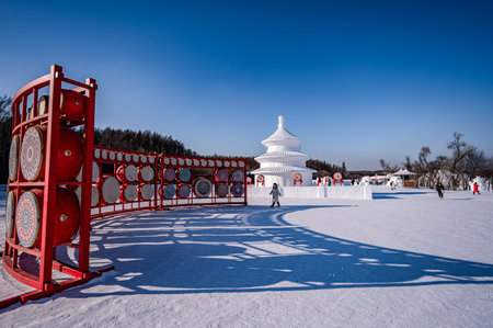 January 9, 2024, Changchun, China: Jingyuetan Park exhibited 56 snow sculptures, creating a magical and romantic world composed of 56 lifelike snow sculptures.のeditorial素材