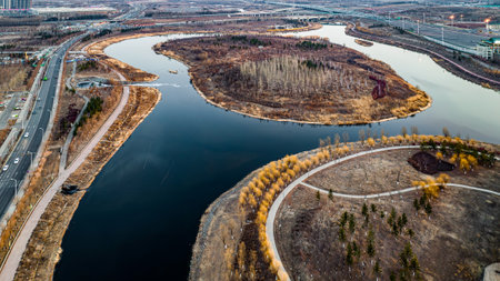 Landscape of Nanxi Wetland Park in Changchun, China in early spring