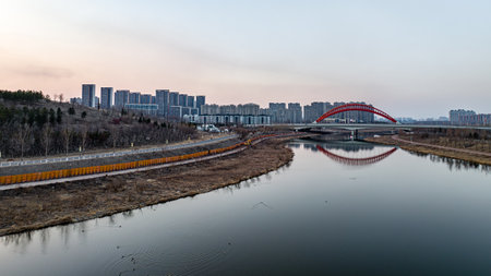 Landscape of Nanxi Wetland Park in Changchun, China in early springの写真素材