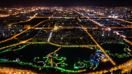 Night view of the new city in southern Changchun, Chinaの写真素材