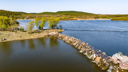 Spring scenery of Jingyuetan National Forest Park in Changchun, Chinaの写真素材