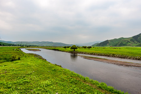 Wulan River and grassland in Inner Mongolia, Chinaの写真素材