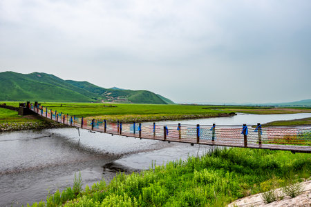 Wulan River and grassland in Inner Mongolia, Chinaの写真素材