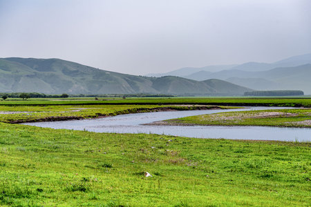 Wulan River and grassland in Inner Mongolia, Chinaの写真素材