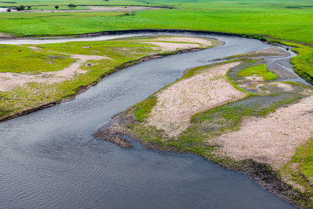 Wulan River and grassland in Inner Mongolia, Chinaの写真素材