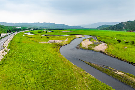 Wulan River and grassland in Inner Mongolia, Chinaの写真素材