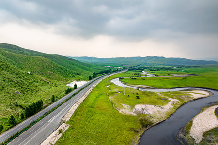 Wulan River and grassland in Inner Mongolia, Chinaの写真素材