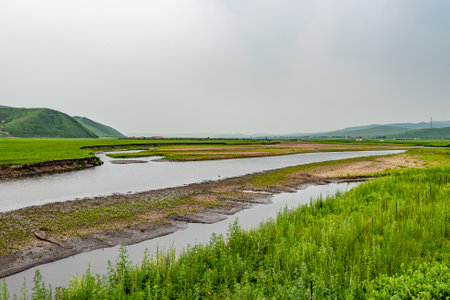 Wulan River and grassland in Inner Mongolia, Chinaの写真素材