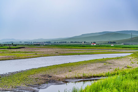 Wulan River and grassland in Inner Mongolia, Chinaの写真素材