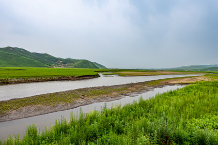 Wulan River and grassland in Inner Mongolia, Chinaの写真素材