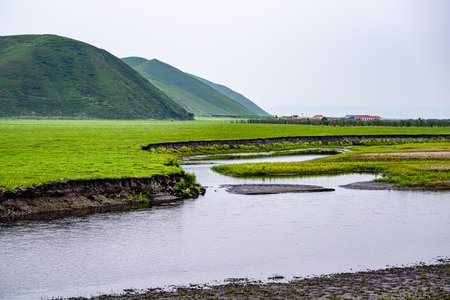 Wulan River and grassland in Inner Mongolia, Chinaの写真素材