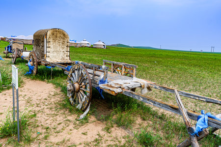 Wheel cart of Hasar nomadic tribe in Inner Mongolia, Chinaのeditorial素材