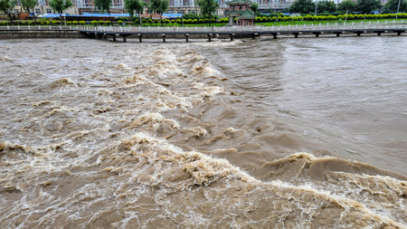 Landscape of Yitong River in Changchun, China during flood seasonの写真素材