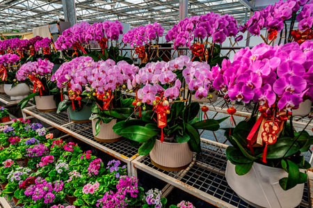 Phalaenopsis blooming in greenhouse in winterの写真素材