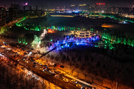 Night view of Nanxi Wetland Park in Changchun, China during the Lantern Festival