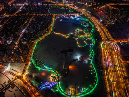 Night view of Nanxi Wetland Park in Changchun, China during the Lantern Festivalの写真素材