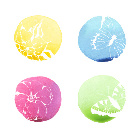 set of color watercolor round spots with white butterflies and flowersのイラスト素材