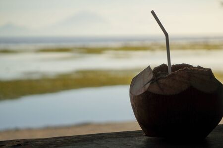 Coconut with straw and sea in the background