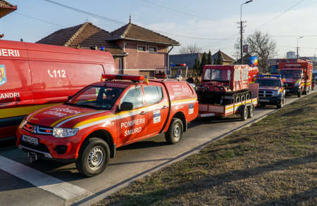 Alba Iulia, Romania - 01.12.2018: Ambulance and firefighting personnel and vehiclesのeditorial素材