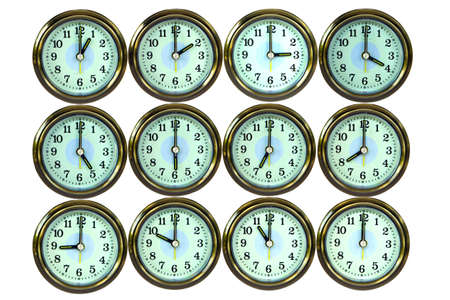 12 clocks are time , on white background , 