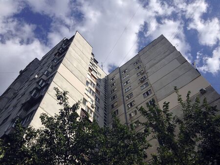 Ukrainian city exterior. View of a house close up against the sky.の写真素材