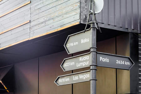 A decorative road sign with directions and distances to the world's largest cities near the cafe.の写真素材