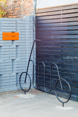 Empty bicycle parking in the city. Public places for parking bicycles.の写真素材