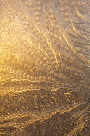 Evening sun and bright blue sky through the frost pattern on the window. Ice pattern and sunlight on winter glass.の写真素材