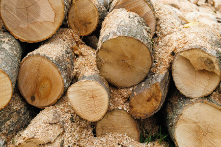 Harvesting firewood for the winter. Pile of stacked firewood prepared for heating the house in winter, chopped firewood on a stack, firewood stacked and prepared for winter, piles of wood logsの写真素材
