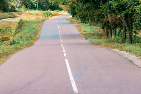 Wavy and bumpy asphalt road. Ahead is a long road that curves undulatingly into the distance with white lines.の写真素材