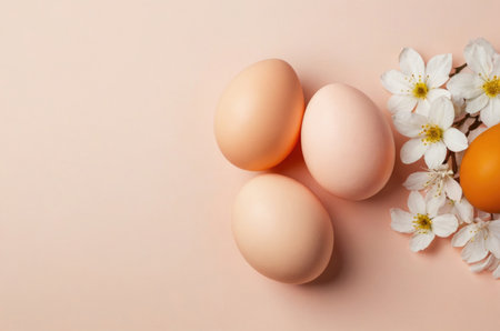 Easter eggs and flowers on a peach background background. Minimal easter conceptの素材