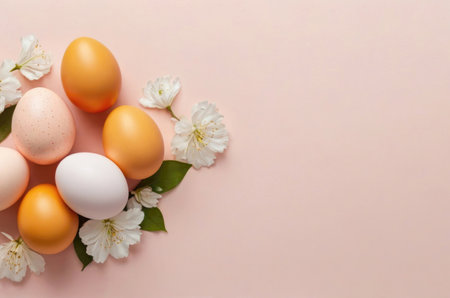 Easter eggs and flowers on a peach background background. Minimal easter conceptの素材