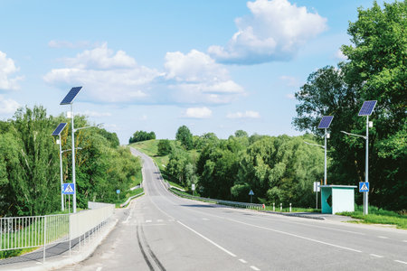 Lamp post with solar panel system on road with blue sky and trees. Autonomous street lighting using...