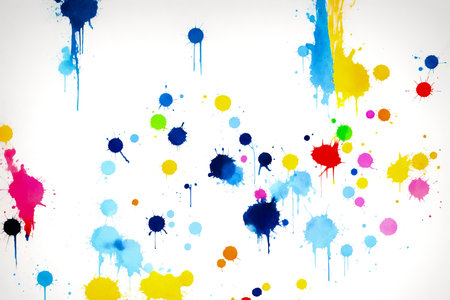 A vibrant display of magenta paint splashes in a symmetrical pattern on a white background, creating...